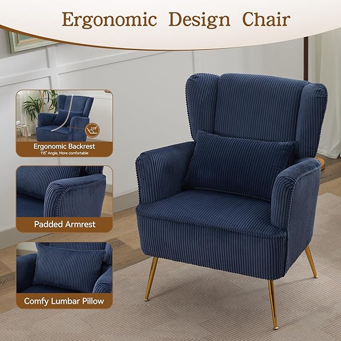 Corduroy Accent Living Room Arm Chair Set of 2 Mid Century Modern Chairs with Pillow & Golden Legs, 8.5" Thick Cushion, Upholstered Comfy Sofa Armchair for Reading Room/Bedroom, Blue