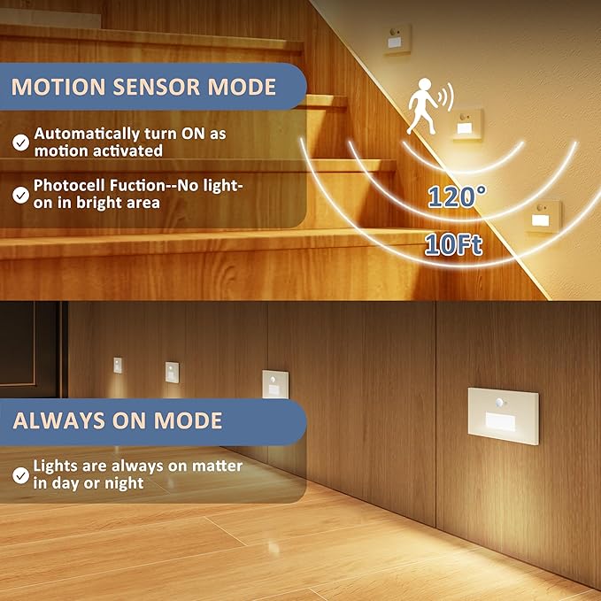 4 Pack Motion Sensor LED Step Lights, 3CCT Adjustable 3000K/4000K/6000K Stair Lights, 4W 300LM Dimmable Staircase Lighting, IP65 Waterproof for Indoor Outdoor, 120V Hardwired, ETL, White