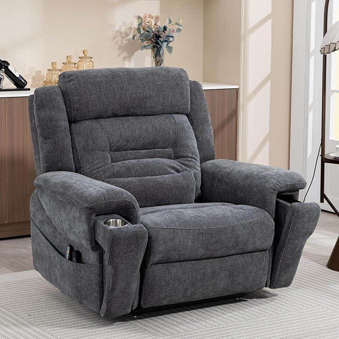 Big Man Power Lift Recliner for Elderly Adults 28 Inch Wide Seat, Lay Flat Lift Chair with Heat Massage, Cup Holder & Wireless Phone Charger, USB Type C Charging, Big Tall 400 lbs