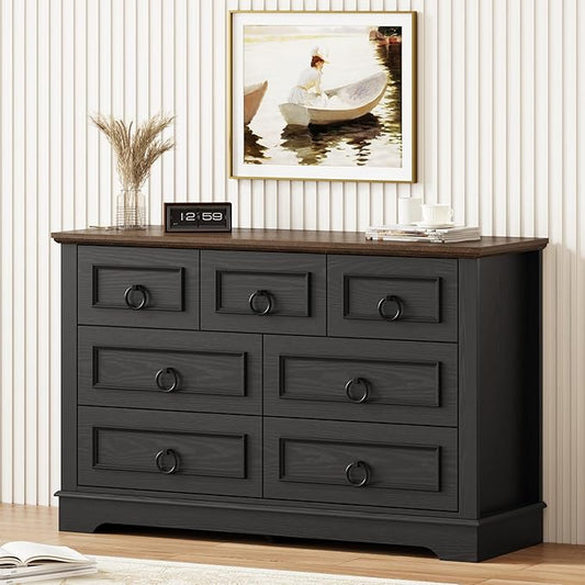 LIKIMIO Black Dresser for Bedroom, 47.2" W Farmhouse 7 Drawer Dresser with Round Metal Handle, Thickened Desktop, Wood Rustic Chest of Drawers for Hallway, Entryway