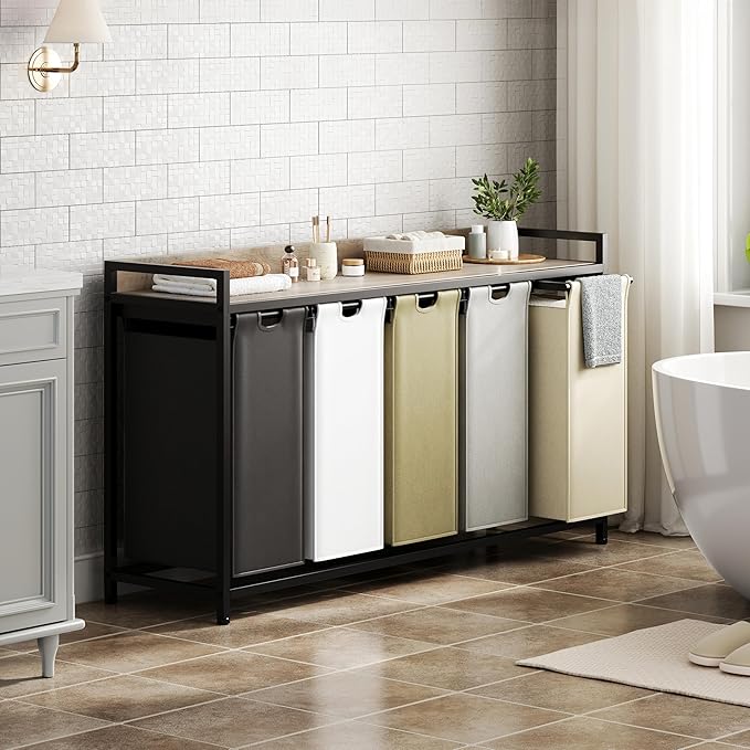 Laundry Hamper with Shelf, Laundry Basket 5 Section, Laundry Sorter with Pull-Out Removable Large 5 Color Bags and Movable Wheels, Metal Frame, 5 x 15.87 Gallons (60L), Greige PF08XLZ