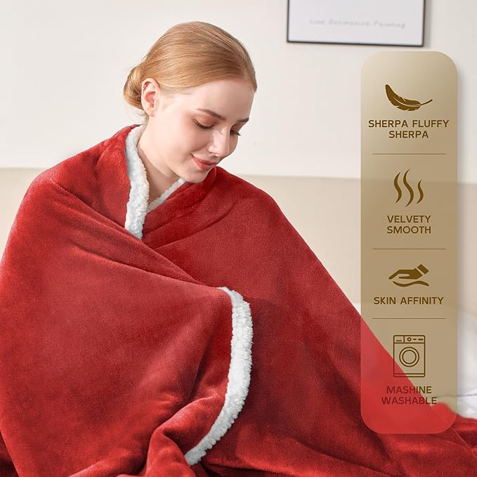 BEAUTEX Sherpa Fleece Throw Blankets, Soft Fluffy Flannel Plush Blanket and Throw, Fuzzy Cozy Red Cuddle Blankets for Couch Bed Sofa Adults (50" x 60", Wine)