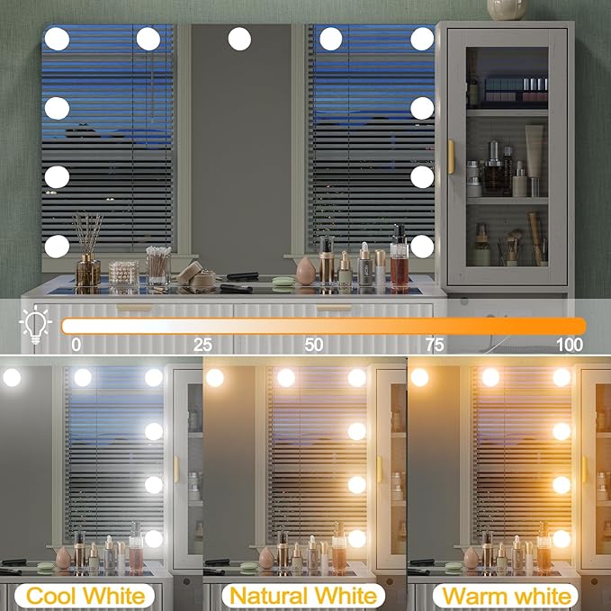 Fluted Makeup Vanity Desk with 36" 11 LED Lights Mirror, 48" Big Modern Vanity Desk with 5 Drawers and Storage Shelves & Power Outlet, Glass Top for Bedroom, White