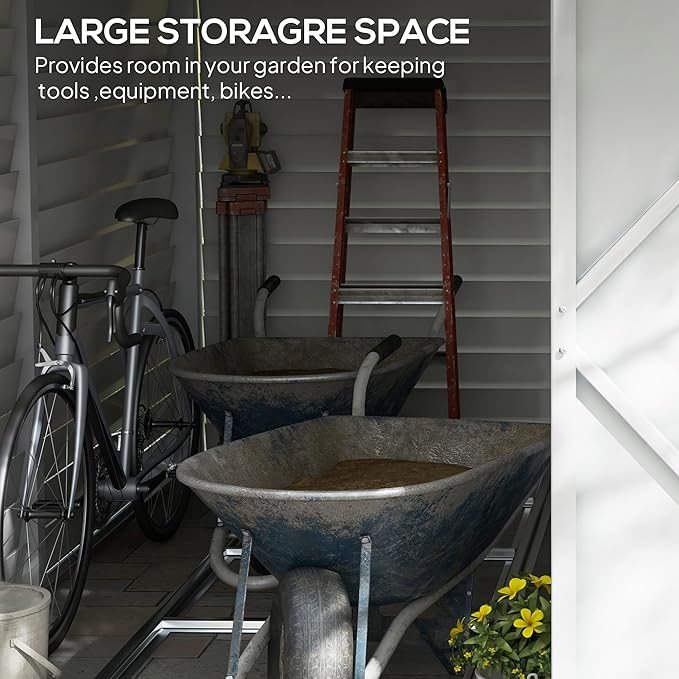 Outsunny 4.6' x 9' Steel Outdoor Storage Shed, Lean to Shed, Metal Tool House with Foundation Kit, Lockable Doors, Gloves and 2 Air Vents for Backyard, Patio, Lawn, White