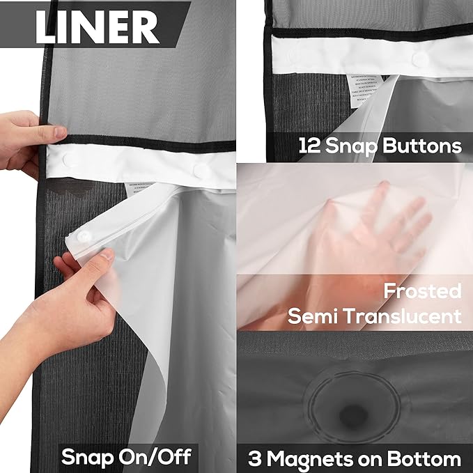 No Hook Slub Textured Shower Curtain with Snap-in PEVA Liner Set - 71" x 74"(72"), Hotel Style with See Through Top Window, Machine Washable & Water Repellent Fabric, Black, 71x74