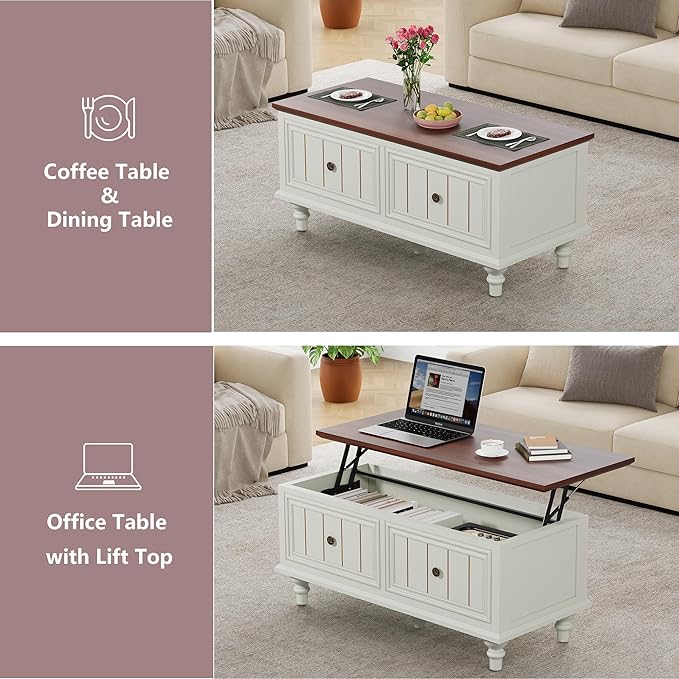 39" Lift Top Coffee Table for Hidden Compartment, Wood Coffee Tables with Shelf, Farmhouse Rectangular Center Table Dining Table for Living Room Home Office Small Space (Beige)