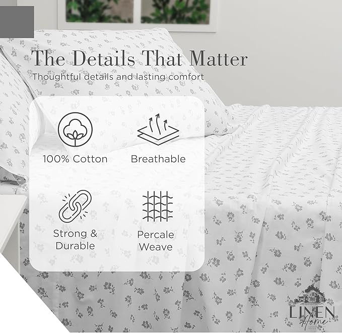 Linen Home 100% Cotton Printed Percale Sheets King Size, Deep Pocket, 4 Pieces Set - 1 Flat, 1 Deep Pocket Fitted Sheet and 2 Pillowcases, Crisp Cool and Strong Bed Linen, Grey Silhouette Floral