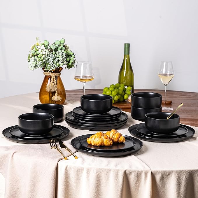 LERATIO Stoneware Dinnerware Sets for 4,Handcarft Ceramic Plates and Bowls Sets,Chip and Scratch Resistant Dishes, Dishwasher & Microwave Safe, Oven safe,Reactive Glaz-Black
