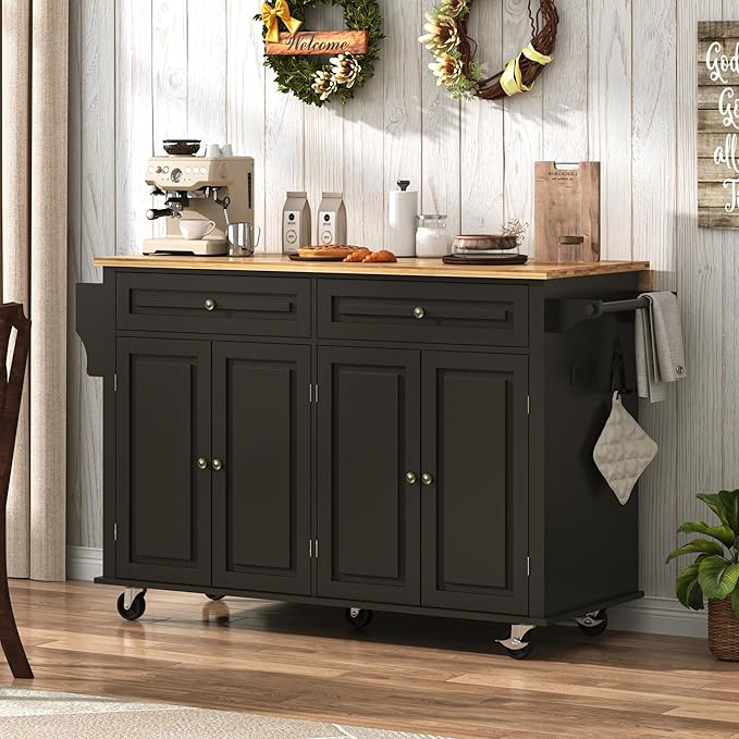 59" W Rolling Kitchen Island with Drop Leaf – Movable Kitchen Carts on Wheels Island with Storage Cabinet, Island Table for Kitchen with Rubber Wood Top and Rack and Drawer, Matte, Black