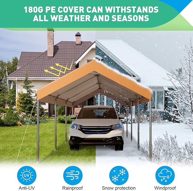 10x20FT Carport, Car Canopy, Portable Garage, Easy to Assemble, Carport Canopy 10x20FT Heavy Duty for Car, Bike, Boat, Party (Khaki)