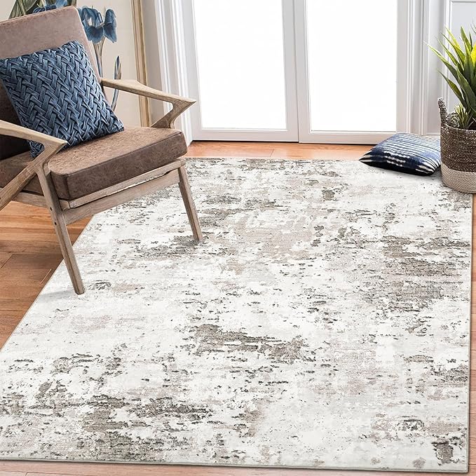 6x9 Modern Abstract Area Rug Non Slip Non Shedding Rug Low Pile Stain Resistant Machine Washable Rug Soft Carpet for Bedroom Living Room, Taupe/Beige