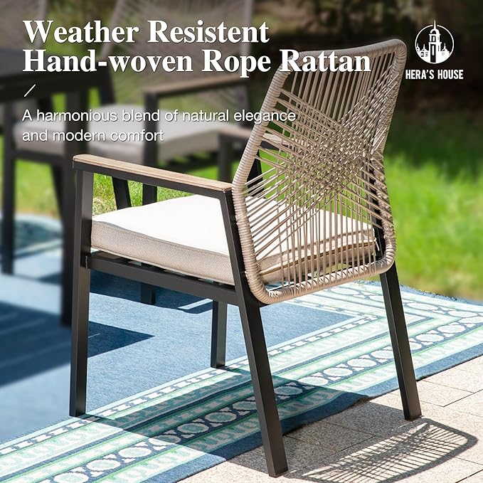 HERA'S HOUSE 7 Pieces Patio Table and Chairs Set, Outdoor Dining Set for 7, 6 x Cushioned Woven Rattan Patio Chairs and 1 x 54” Round Table with Umbrella Hole, Outdoor Rattan Dining Set for Lawn