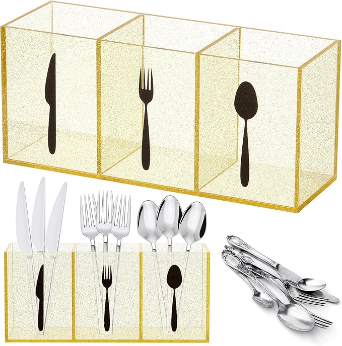 Suzile Acrylic Cutlery Storage Organizer Bin Silverware Caddy Countertop Knife Spoon and Fork Holder Kitchen 3 Section Tableware Storage Box for Cabinet Indoor Home Flatware Dining Room(Gold Pink,M)
