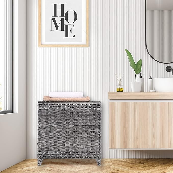 Laundry Hamper with 3 Removable Liner Bags; 132L Handwoven Rattan Laundry Basket with Lid & Heightened Feet; Clothes Hamper with Side Handles; Laundry Sorter with 3 Separate Sections (Gray)