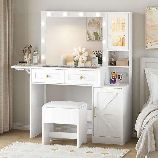 Makeup Vanity Desk with Mirror and Lights, White Vanity Table with LED Lighted Mirror & Power Outlet, Dressing Table with Chair, Large Storage Drawer & Cabinet, and Foldable Panel for Girls’ Bedroom