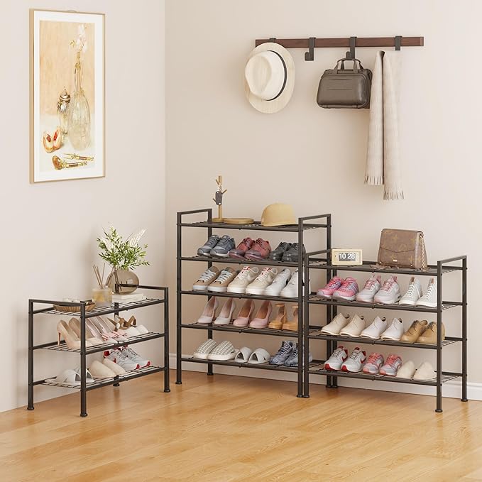 DongRong 3 Tier Shoe Rack for Closet,Adjustable Metal Shoe Storage Organizer Utility Shelf for Entryway, Dorm Room,Bedroom,Heavy Duty Shelf (Black, 3 Tier)