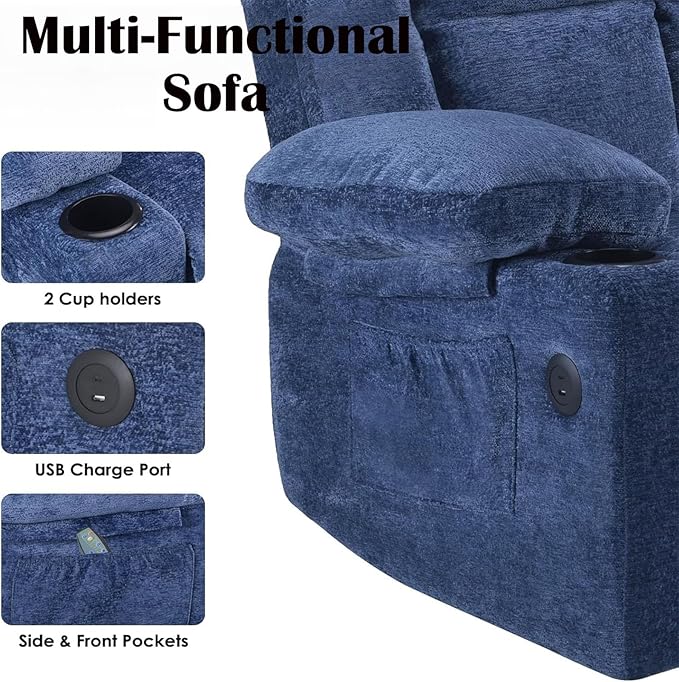 Electric Power Lift Recliner Chair, Oversized Reclining Chair with 8 Massage,Recliner Single Sofa with 2 Cup Holders,Side Pockets,USB Charge Port,Remote Control for Living Room,Bedroom,Blue