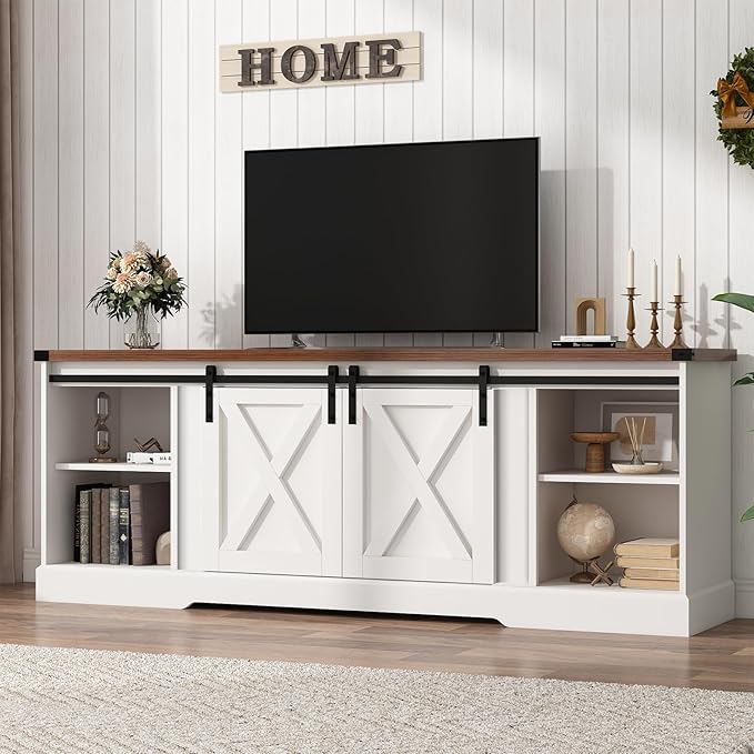 Farmhouse TV Stand for 70/75/80 Inch TV, 70 inch Entertainment Center Storage Cabinets with Sliding Barn Doors, Media Console Cabinet for Living Room, White
