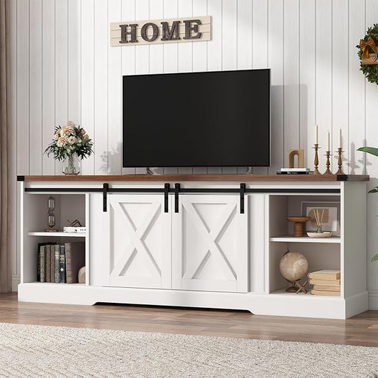 Farmhouse TV Stand for 70/75/80 Inch TV, 70 inch Entertainment Center Storage Cabinets with Sliding Barn Doors, Media Console Cabinet for Living Room, White