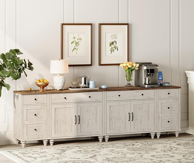 WAMPAT Farmhouse TV Stand for 100 Inch TV, 4-in-1 TV Console Table for 75/80/85/90 Inch TV, Entertainment Center with Charging Station, Kitchen Sideboard Buffet Cabinet for Dining Room, Rustic White