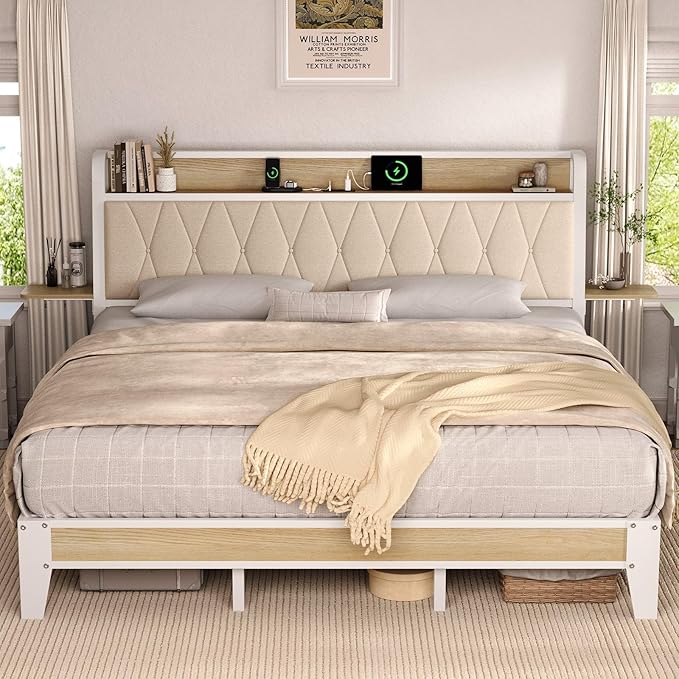 King Size Bed Frame with Side Storage Shelf, Ergonomic Upholstered Headboard with Charging Station, King Platform Bed Frame, Metal Slats Support, No Box Spring Needed, Easy Assembly, White