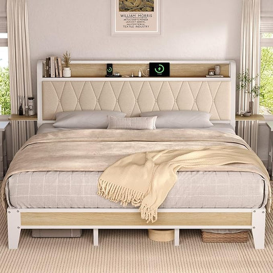 King Size Bed Frame with Side Storage Shelf, Ergonomic Upholstered Headboard with Charging Station, King Platform Bed Frame, Metal Slats Support, No Box Spring Needed, Easy Assembly, White
