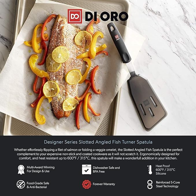 DI ORO Silicone Fish Spatula - for Nonstick Cookware - Fish Turner Spatula 600°F Heat-Resistant BPA Free - Slotted for Cooking - Non Stick Thin Egg Flipper (Black)