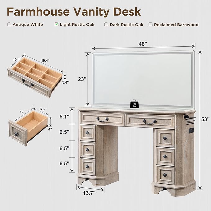 Vanity Desk with Mirror and Lights, 48'' LED Lights Farmhouse Makeup Vanity with 8 Drawers, Vanity Table with 3 Color Modes, Dressing Table with Glass Top and Power for Bedroom(Light Rustic Oak)