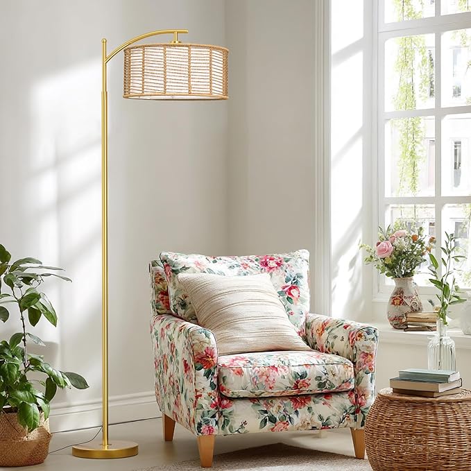 Oneach 62.5" Arc Floor Lamp for Living Room, Rattan Boho Floor Lamp with Gold Metal Base, Double Shades, Farmhouse Rustic Modern Standing Lamp for Bedroom Office Corner