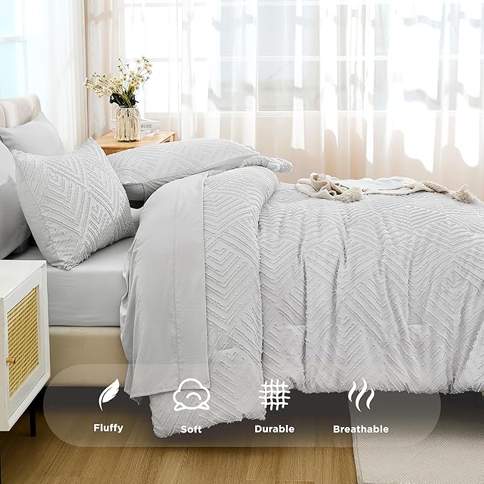 Andency Light Grey Comforter Queen Size Set with Sheets - 7 Pieces Boho Bed in a Bag Tufted Bedding Sets Lightweight All Season Bed Set with Comforter, Sheets, Pillowcases & Shams