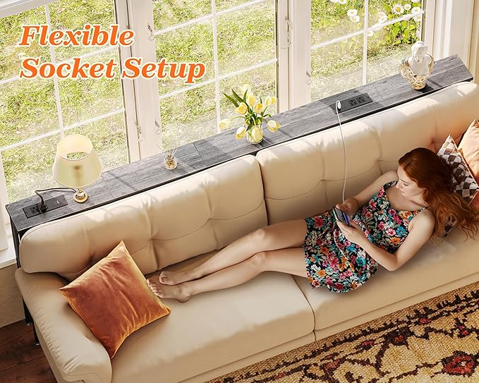 SUPERJARE 79 Inch Sofa Table with 2 Power Outlets and USB-C Ports, 5.9 Inch Narrow Console Table with Storage, Long Entryway Hallway Couch Table Behind Sofa, Small Spaces, Living Room, Grey