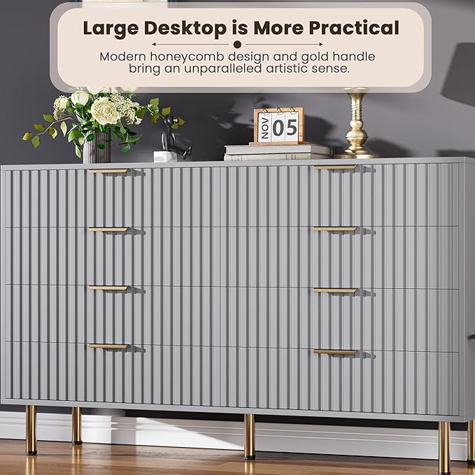 8 Drawer Dresser for Bedroom, Fluted 55" Wide Modern Chest of Drawers with Deep Drawers, Long Large Double Dresser TV Stand, Wooden Dresser Organizer for Living Room, Hallway, Kids Room, Grey