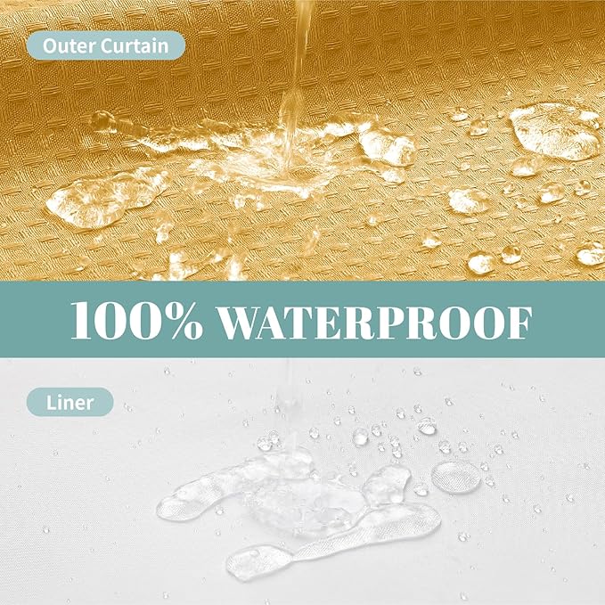 Gold No Hook Waffle Weave Shower Curtain with snap-in Liner Replacement, 230GSM Waterproof Fabric Hotel Shower Curtain Set for Bathroom, Through Mesh Top Window,71Wx74H