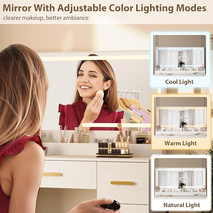 Garvee Vanity Desk with Large Mirror and Lights, 45.9In Makeup Vanity Desk, 3 Lighting Modes Adjustable Brightness, Vanity Table with Power Outlet &8 Drawers, for Powder Room and Bedroom