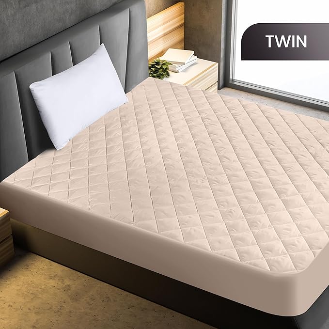 Utopia Bedding Quilted Fitted Mattress Pad, Twin Size, Elastic Fitted Mattress Topper Protector and Cover Stretches up to 16 Inches Deep, Machine Washable (Beige)