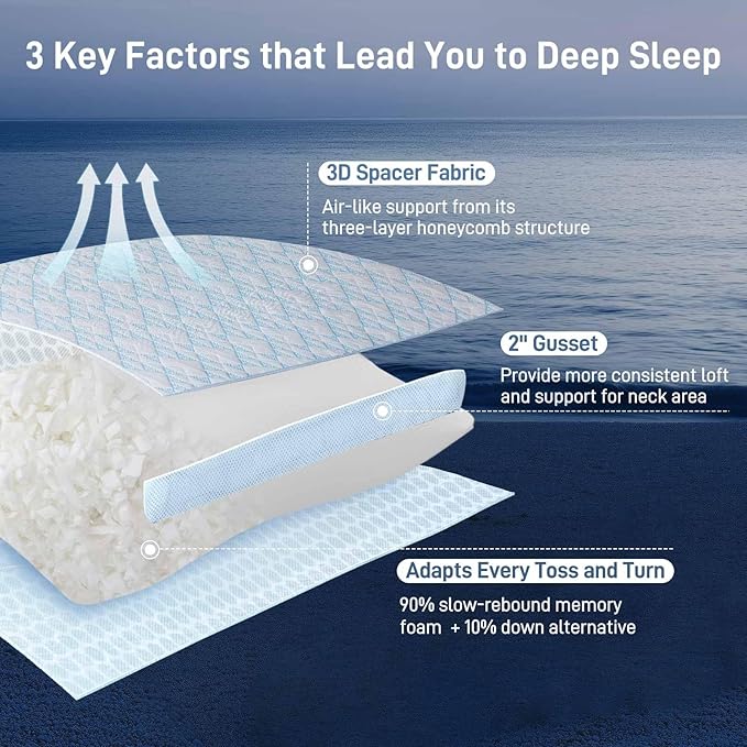 Shredded Memory Foam Cooling Soft Bamboo Viscose Pillow Queen Size, Adjustable Hypoallergenic Hotel Quality Bed Pillow for Back, Stomach and Side Sleeper, Oeko-TEX Certified