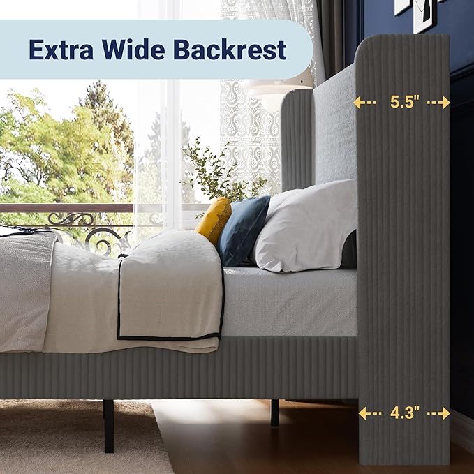 Allewie Queen Size Bed Frame with Upholstered Wingback Headboard, Vertical Channel Tufted Corduroy Velvet Platform Bed, Strong Wooden Slats Support, No Box Spring Needed, Easy Assembly, Light Grey