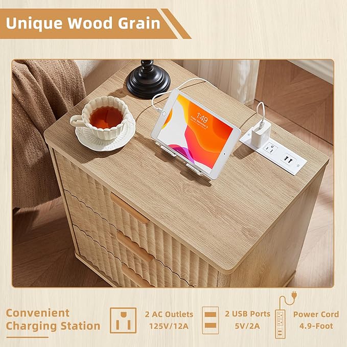 LEYAOYAO 23" Wide Fluted Night Stand with Charging Station, 3 Drawers Large End Table with Storage, Natural Nightstand Wood Bedside Tables, Farmhouse Cabinet Dresser for Bedroom, Closet