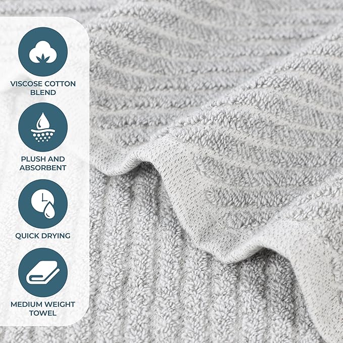Superior Amelia Viscose Cotton Blend Medium Weight Towels, for Bathroom, Shower, Spa, Plush, Quick Dry, Ultra-Soft Towels, Bath Essentials, Ribbed Design, 3 Piece Assorted Towel Set, Platinum