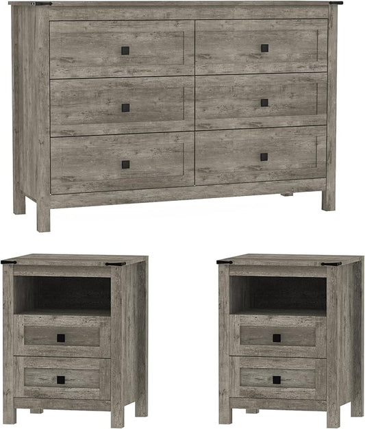 Wood 6 Drawer Dresser & 2 Nightstand Set for Bedroom, Wide Drawer with Farmhouse Handle for Bed Room, Hallway, Rustic Grey