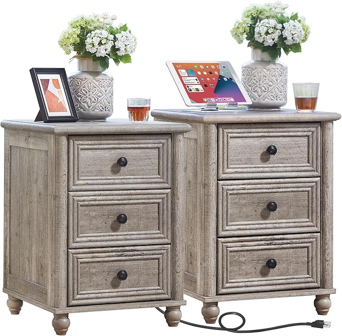18" Farmhouse Night Stand Set 2, Gray 3 & 3 Drawers Wood Nightstand, Bedside End Table with Storage and Roman Column, Bed Side Tables Cabinet for Bedroom, Living Room, and Closet