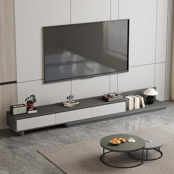 78.7–130" Extendable TV Stand with 3 Drawers - Mid-Century Modern Adjustable Entertainment Center, Perfect for Living Room, Dark Gray & Light Gray
