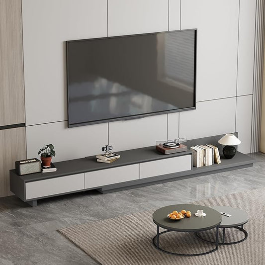 78.7–130" Extendable TV Stand with 3 Drawers - Mid-Century Modern Adjustable Entertainment Center, Perfect for Living Room, Dark Gray & Light Gray