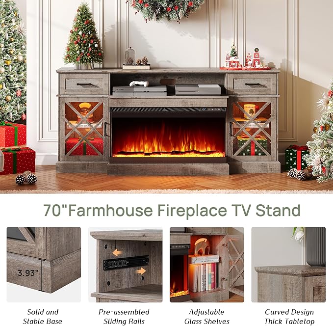 3-Sided Farmhouse LED Fireplace TV Stand, 70" Large Entertainment Center Glass Doors for TVs up to 80", Modern Wood Grain High-Gloss TV Storage Cabinet for Living Room, Light Grey