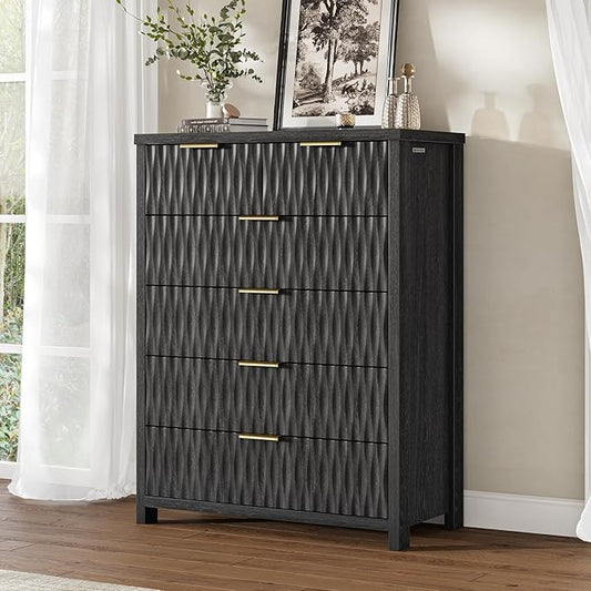6 Drawers Dresser, 43.7" Tall Drawers for Bedroom, Extra-Thick Tabletop & Frame, Modern Chest of Wood Drawer Organizer for Bedroom, Living Room, Hallway, Entryway, Black