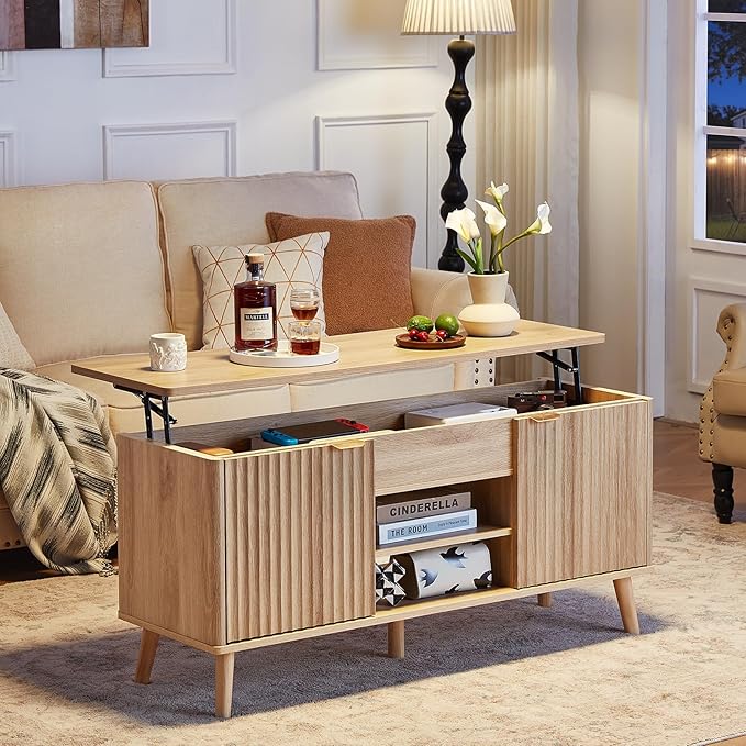 LEYAOYAO 48" Fluted Lift Top Coffee Table with Hidden Storage & Adjustable Shelves, Lifting Tabletop Large Rectangular Coffee Tables, Mid Century Modern Wood Center Table for Living Room, Natural