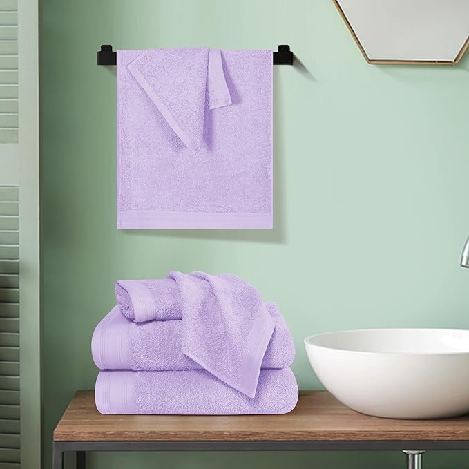Ultra Soft 6 Pack Cotton Towel Set, Contains 2 Bath Towels 28x55 inch, 2 Hand Towels 16x24 inch & 2 Wash Coths 12x12 inch, Ideal Everyday use, Compact & Lightweight - Purple