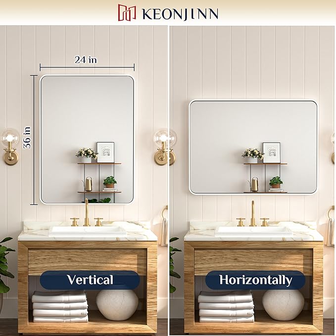 Keonjinn White Bathroom Vanity Mirror - 24 x 36 Inch Rectangular Wall Mirror, Farmhouse Style with Seamless Metal Frame, HD Tempered Glass