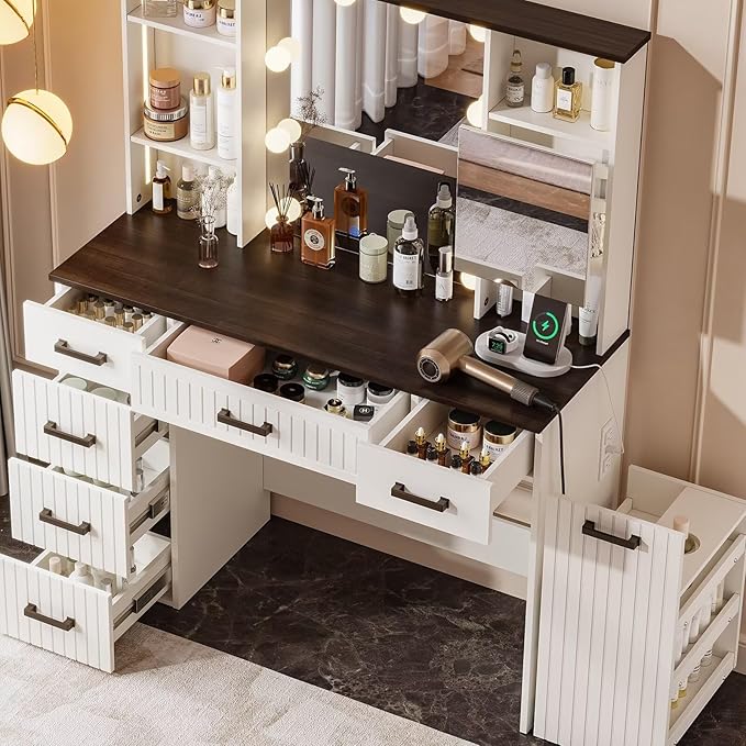 Makeup Vanity Desk with Adjustable Mirror & Rolling Cart, White Vanity Table with LED Light Bulbs, 3 Lighting Modes, Power Strip, Ambient Light & 6 Storage Drawers