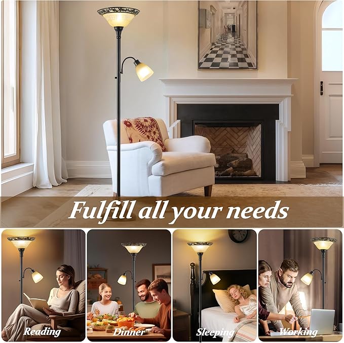 Luvkczc Torchiere Floor Lamps for Living Room, 70" Lamps for Living Room with Etched Glass Shade, Metal Pole & Heavy Base, Vintage Standing lamp Decor for Bedroom, Living Room, Office